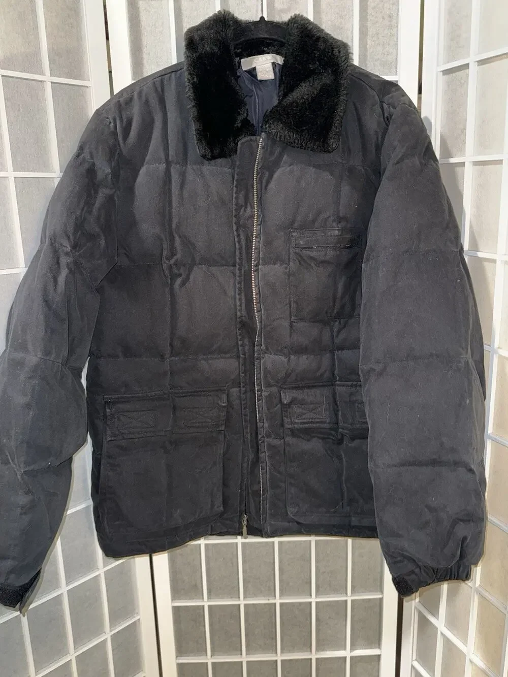 J. Crew Factory Men's Black Faux Fur Collar Lined Coat Medium